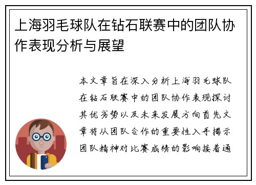 上海羽毛球队在钻石联赛中的团队协作表现分析与展望